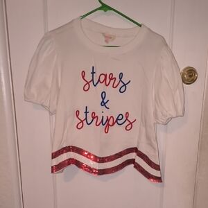 Peach Love California | White Tee with Red and Blue Stars & Stripes